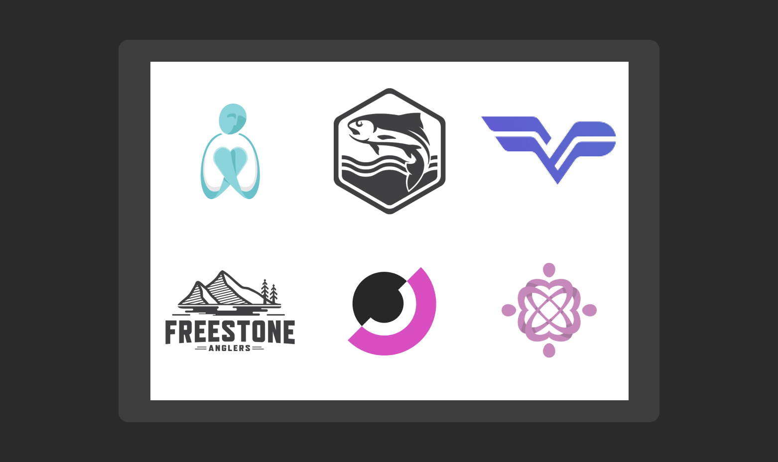 Six identity samples including illustrated fish, mountains and trees, and group of people interweaved